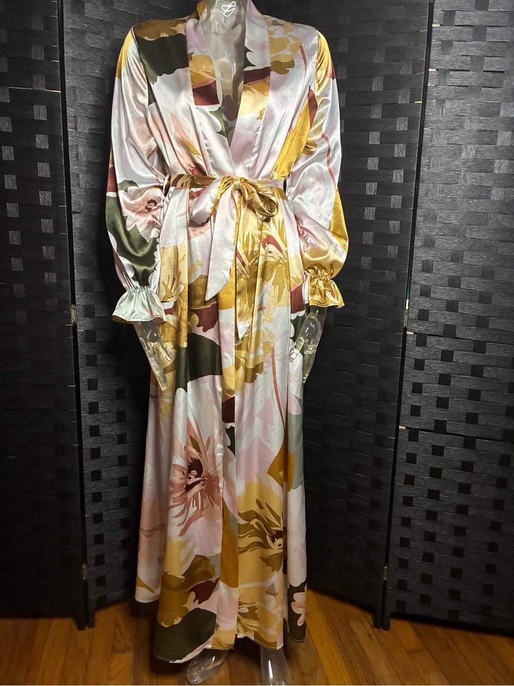 Floral Satin Wrap Maxi Robe - Pink & Mustard - Picture 2 of 8